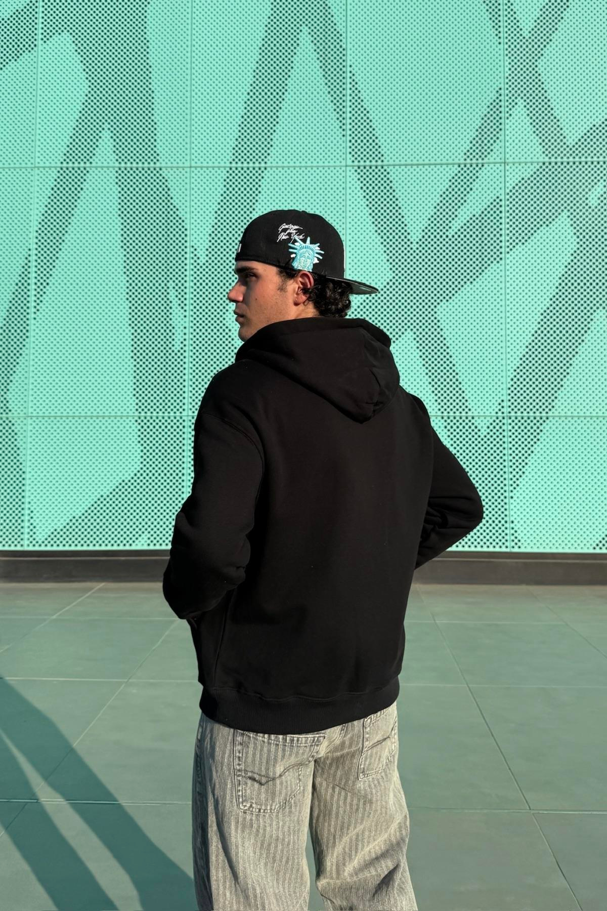 LLS Siyah Taş Baskılı Oversize Zipper Hoodie SW1334