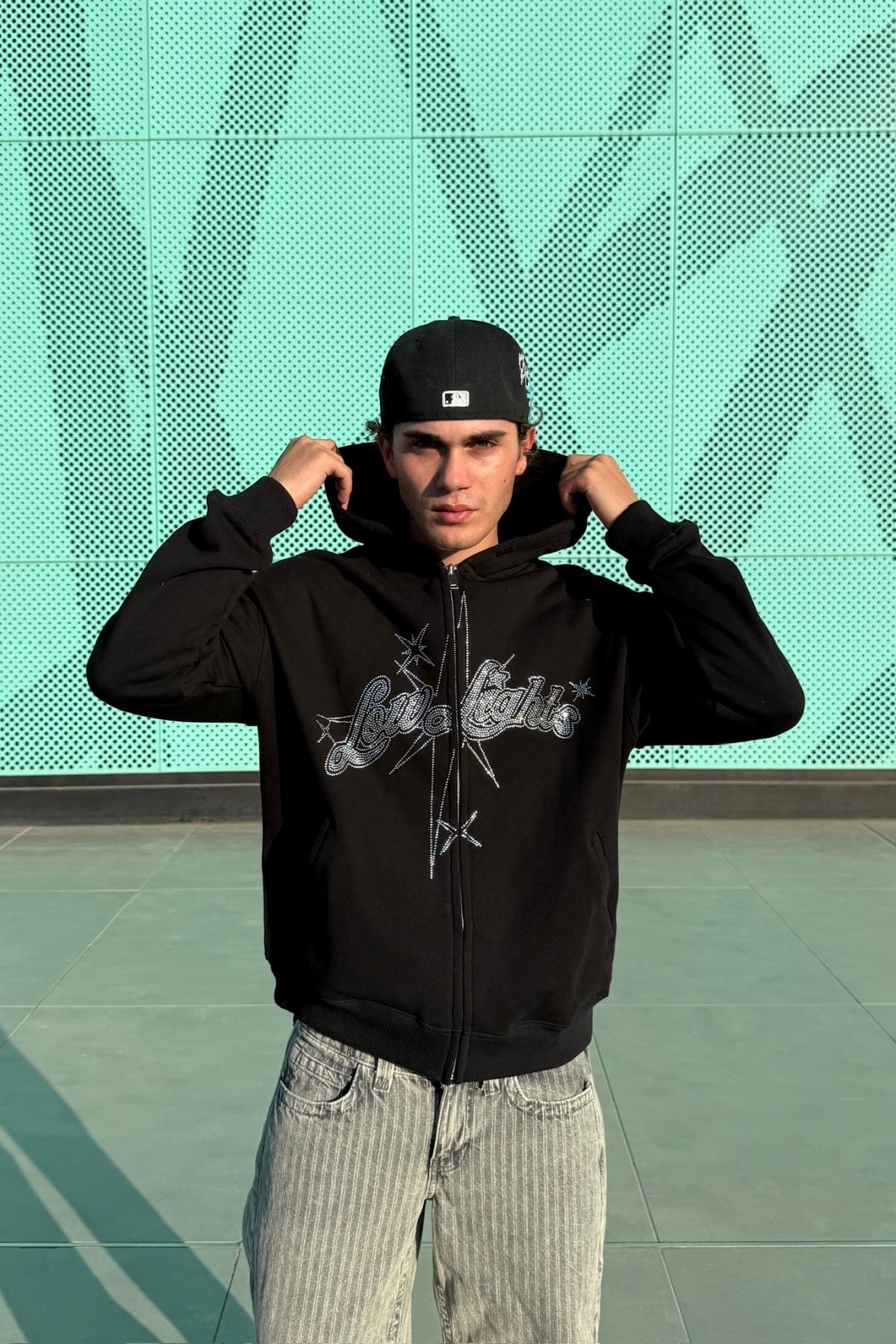 LLS Siyah Taş Baskılı Oversize Zipper Hoodie SW1334