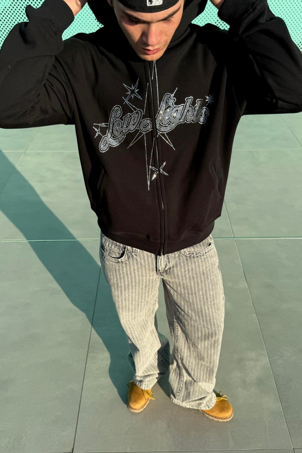 LLS Siyah Taş Baskılı Oversize Zipper Hoodie SW1334