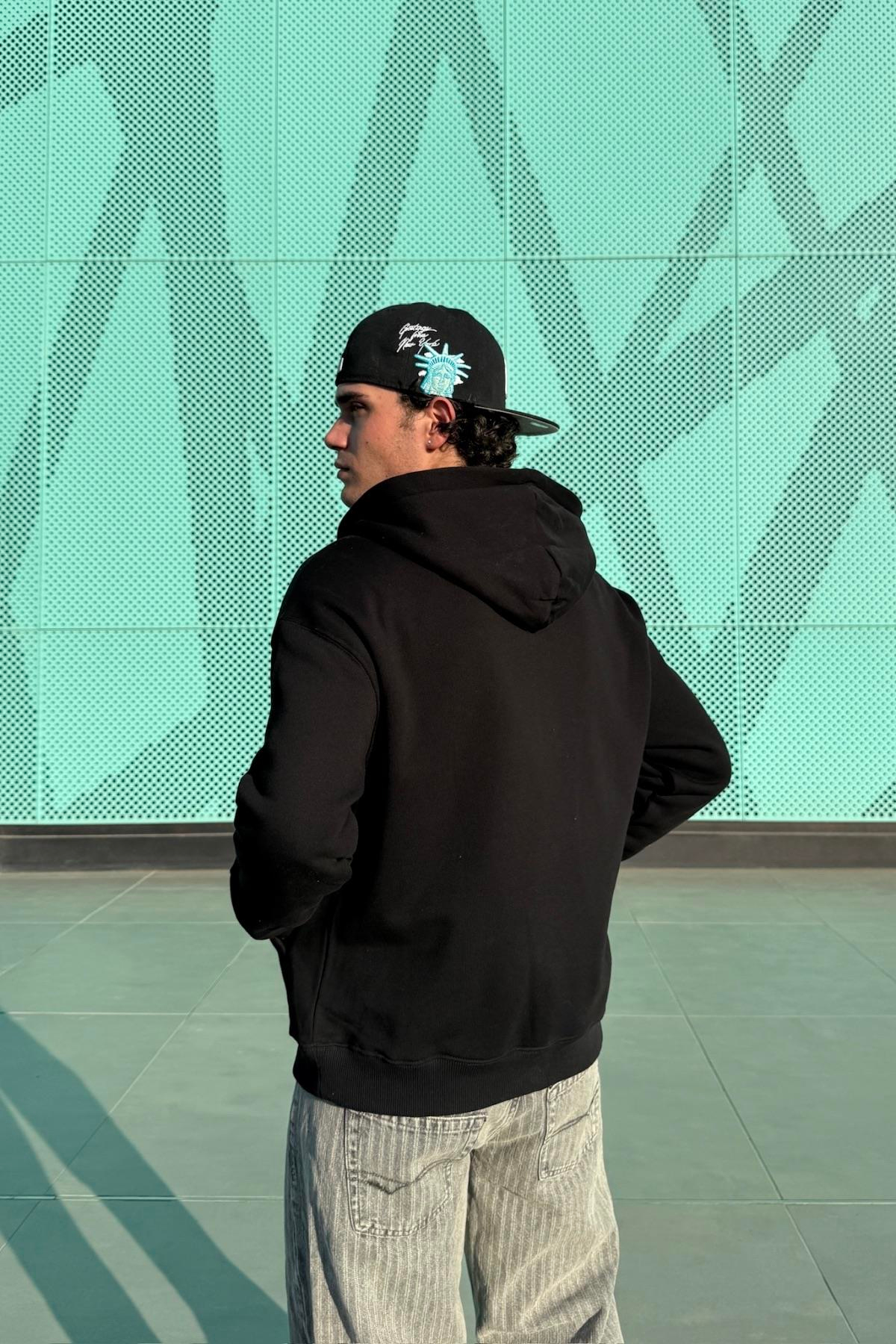 LLS Siyah Taş Baskılı Oversize Zipper Hoodie SW1334