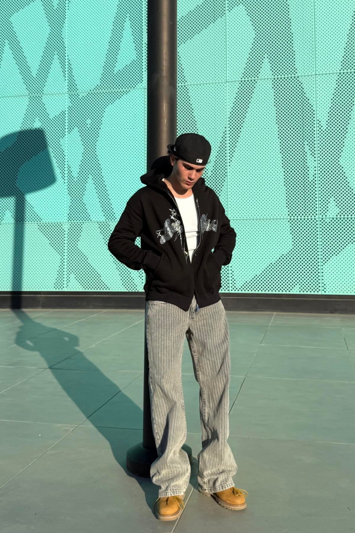 LLS Siyah Taş Baskılı Oversize Zipper Hoodie SW1334