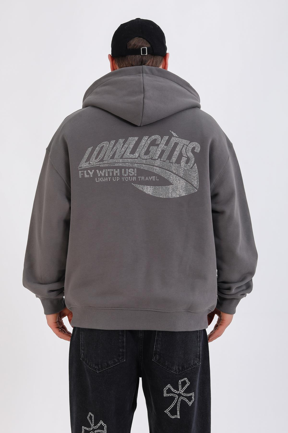 LLS Taş Baskılı Antrasit Oversize Zipper Hoodie SW1380 - Jr.crime