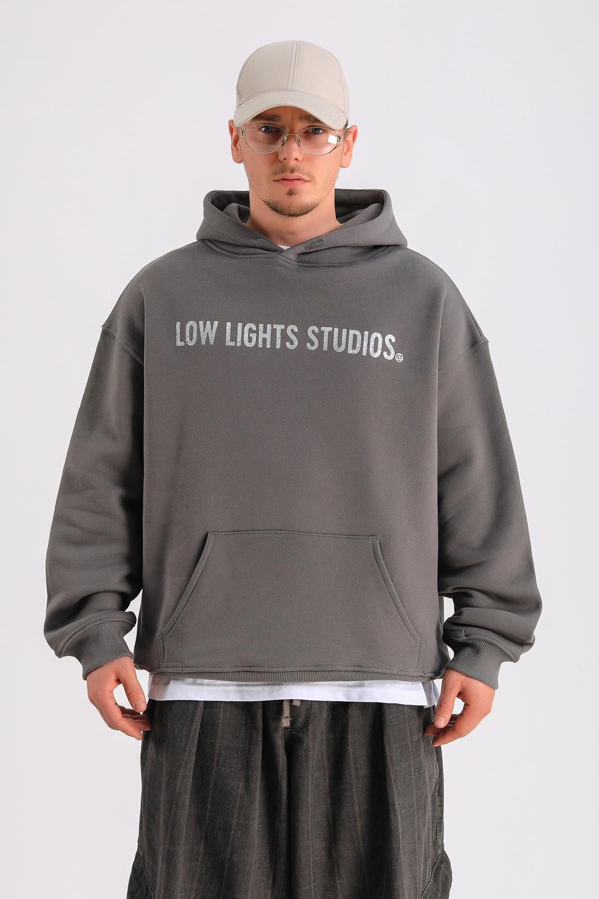 LLS Taş Baskılı Füme Oversize Hoodie SW1237