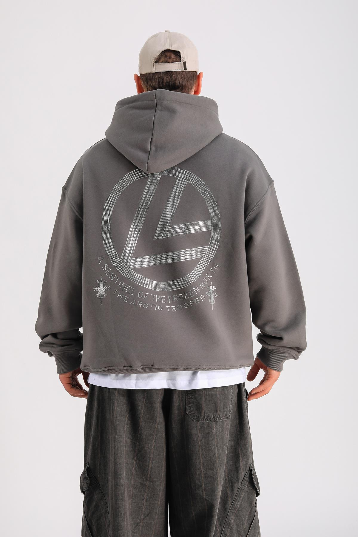 LLS Taş Baskılı Füme Oversize Hoodie SW1237