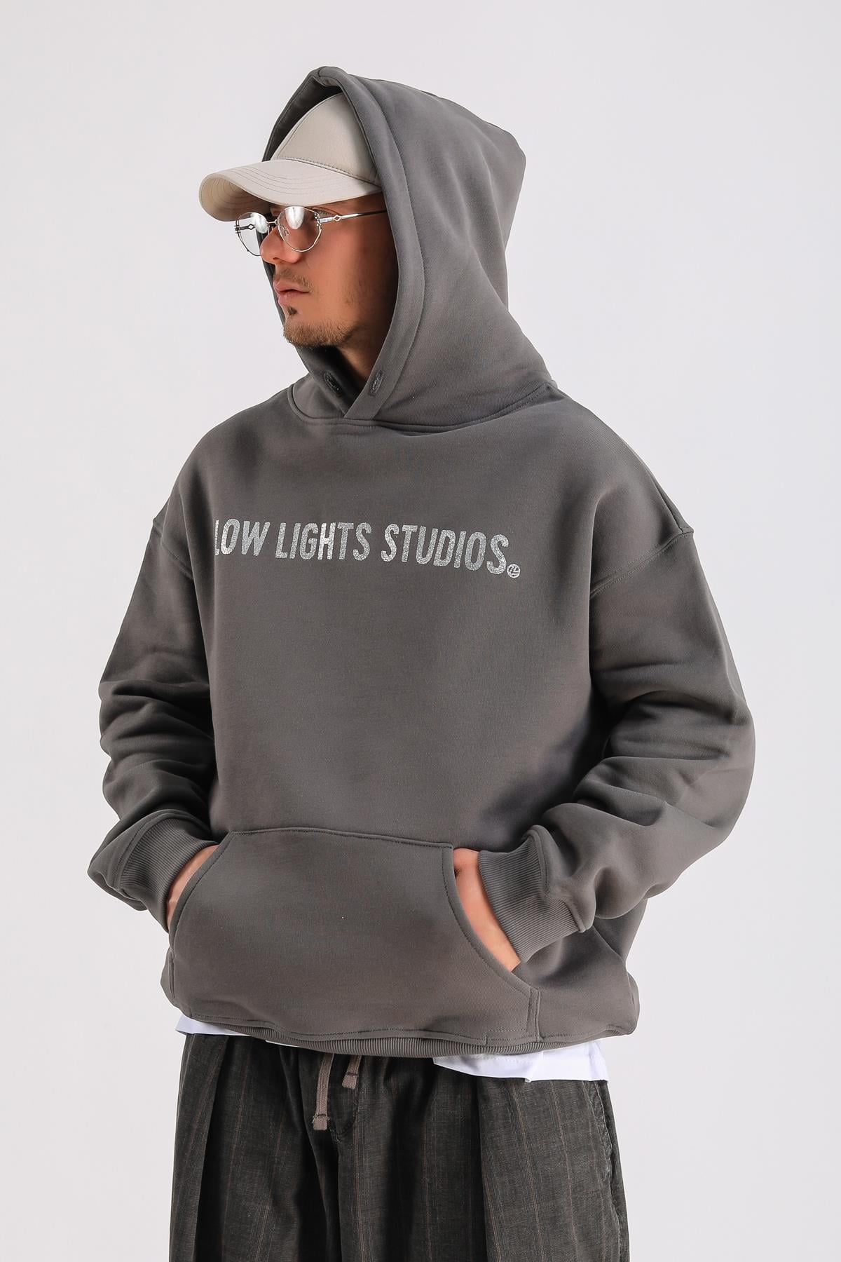 LLS Taş Baskılı Füme Oversize Hoodie SW1237