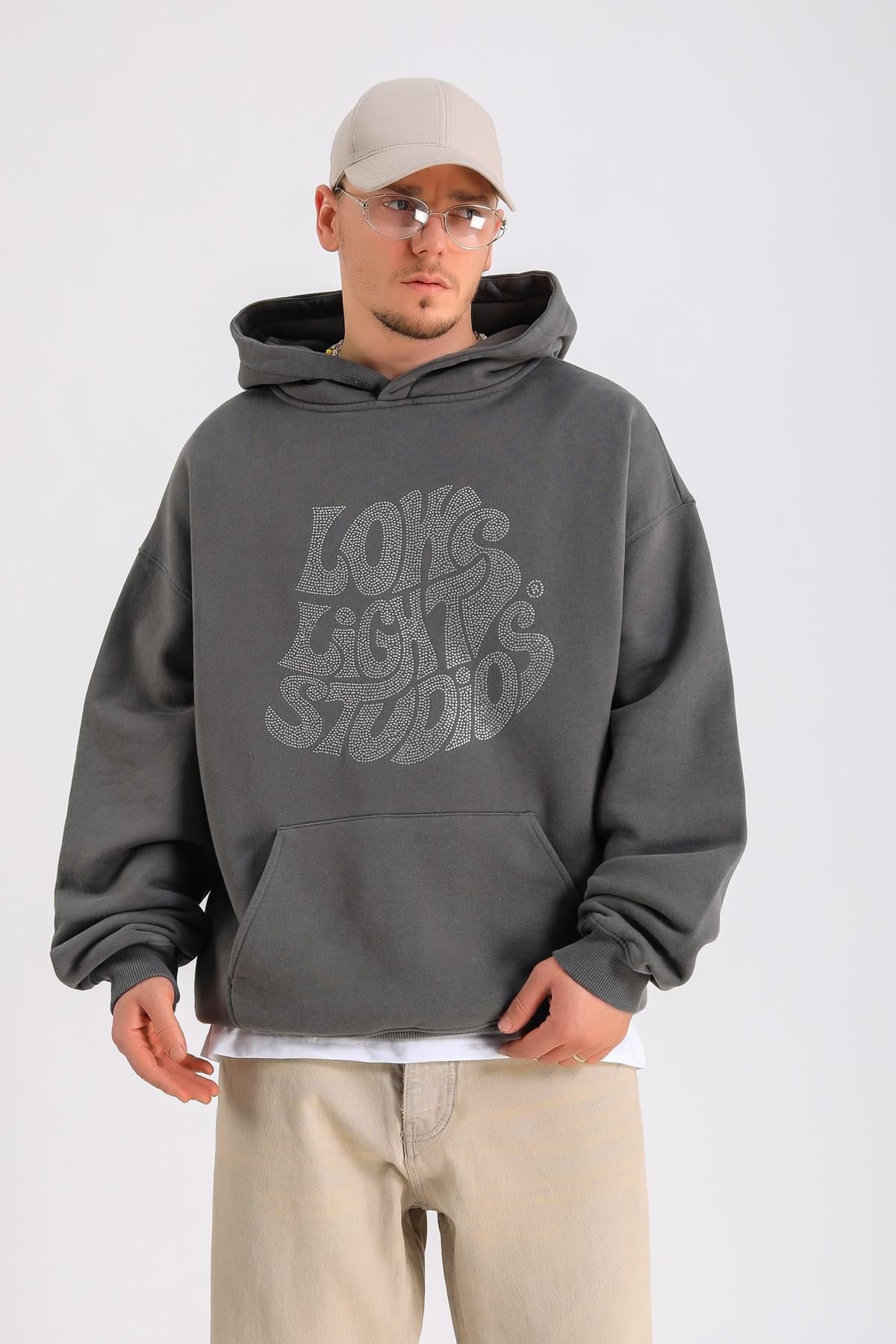 LLS Taş Baskılı Gri Oversize Hoodie SW1306