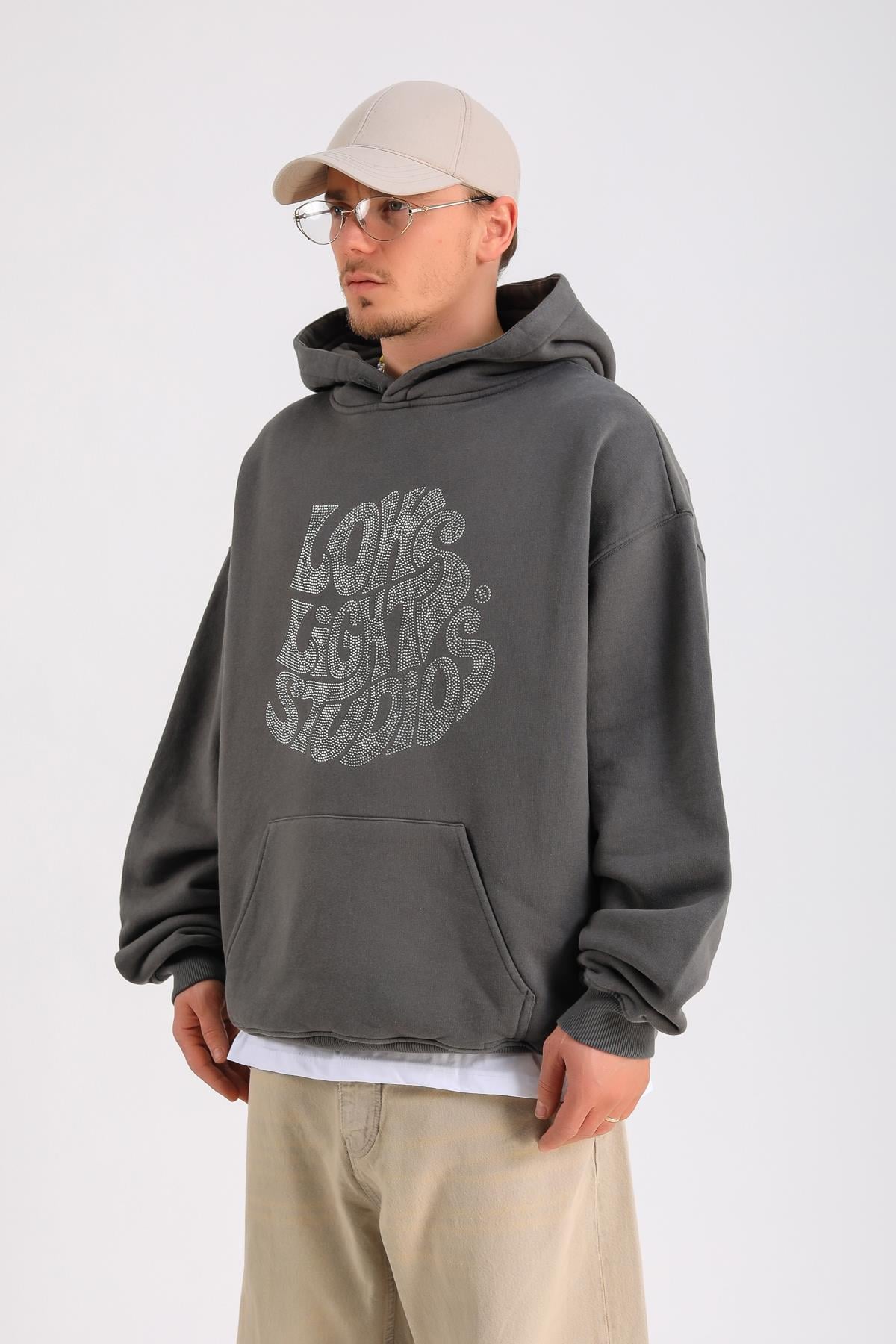 LLS Taş Baskılı Gri Oversize Hoodie SW1306
