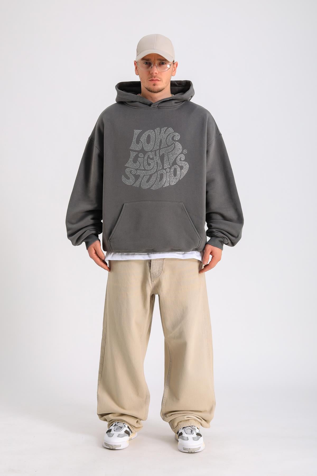 LLS Taş Baskılı Gri Oversize Hoodie SW1306