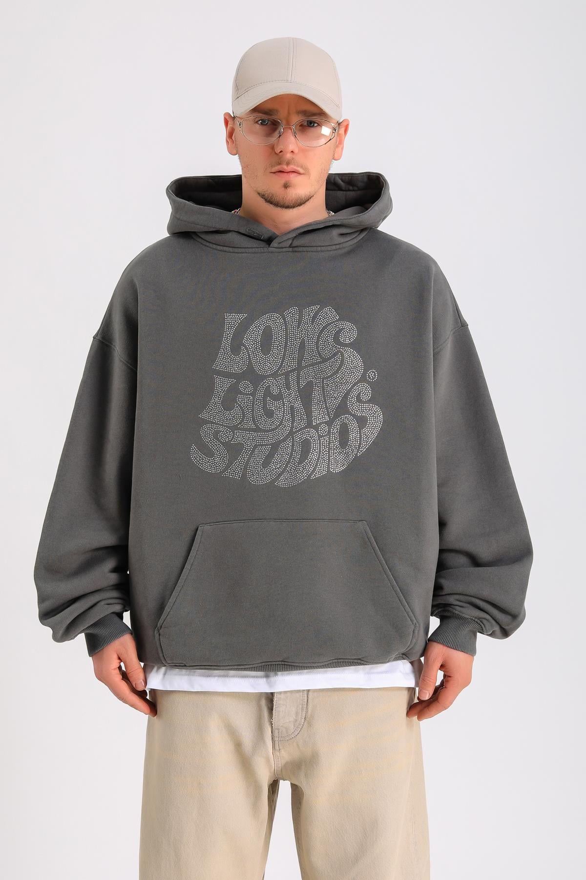 LLS Taş Baskılı Gri Oversize Hoodie SW1306