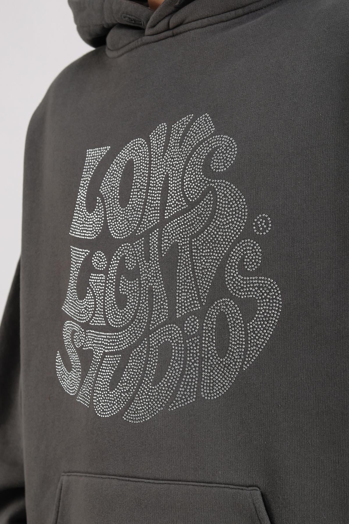 LLS Taş Baskılı Gri Oversize Hoodie SW1306
