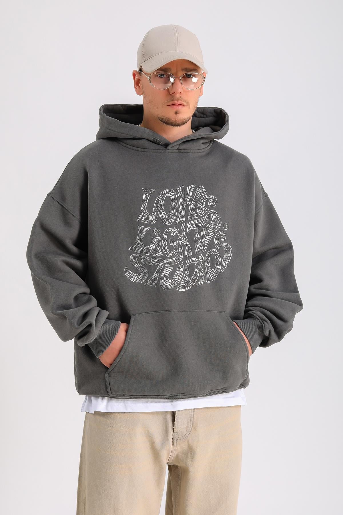 LLS Taş Baskılı Gri Oversize Hoodie SW1306
