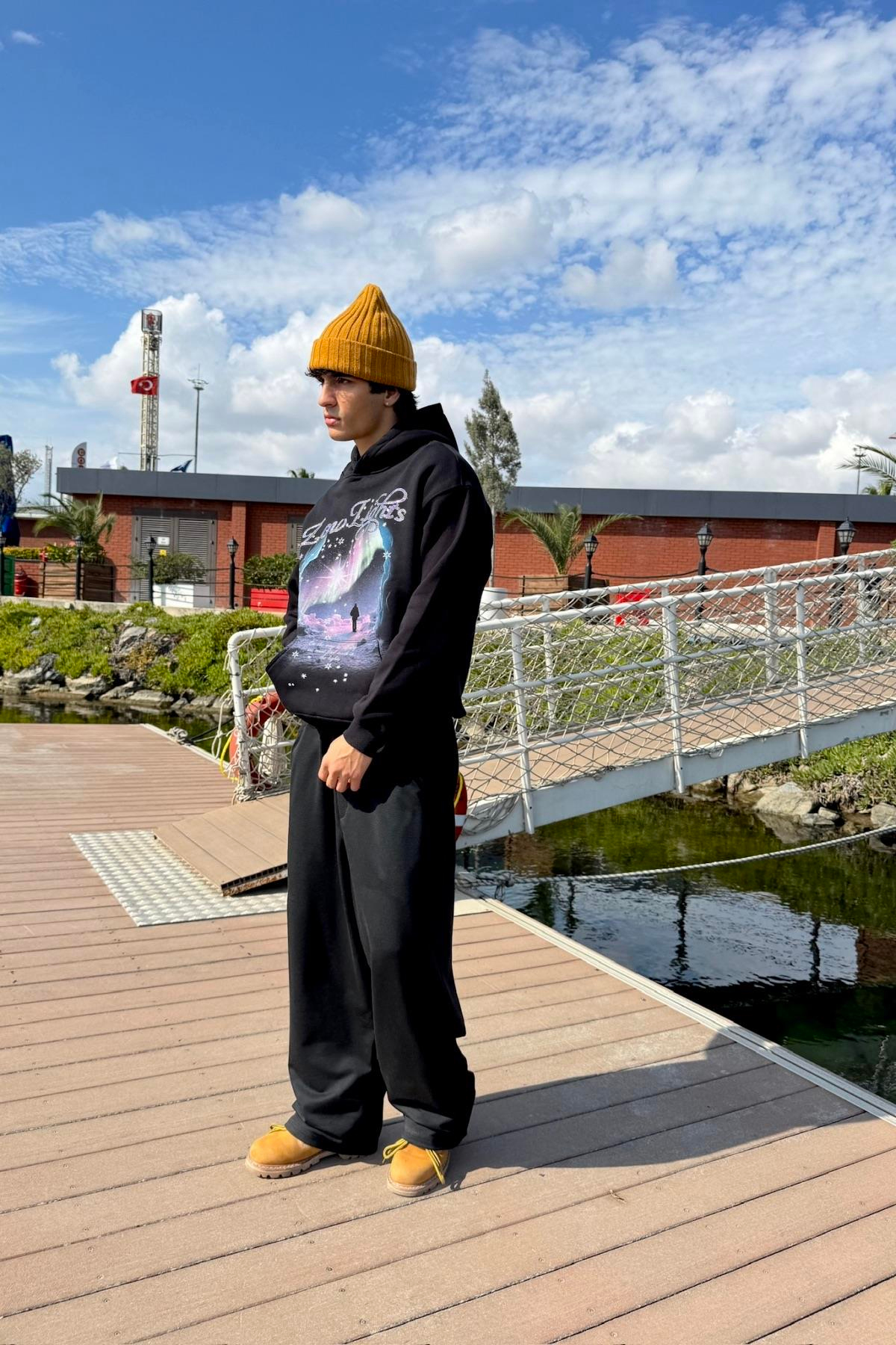 LLS Taş Baskılı Siyah Lilac Oversize Hoodie SW1333