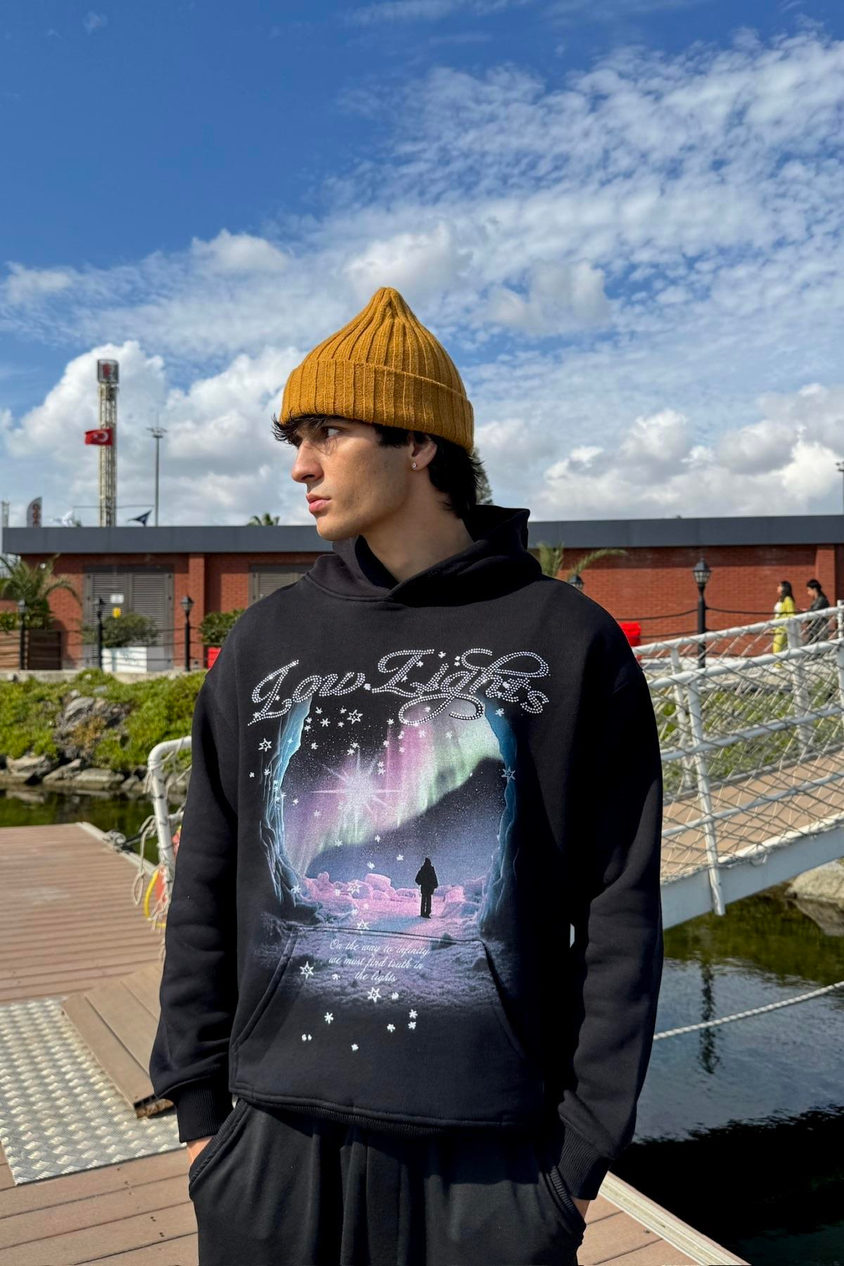 LLS Taş Baskılı Siyah Lilac Oversize Hoodie SW1333