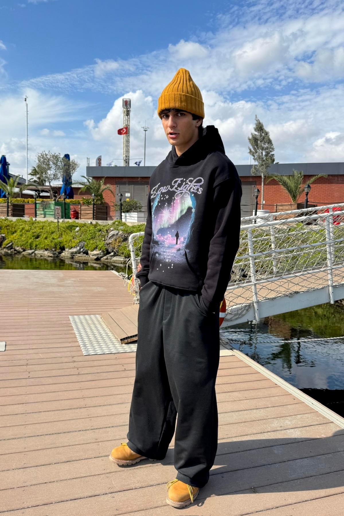 LLS Taş Baskılı Siyah Lilac Oversize Hoodie SW1333