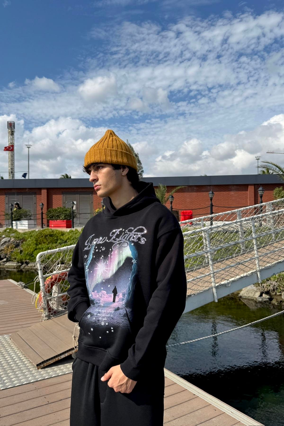 LLS Taş Baskılı Siyah Lilac Oversize Hoodie SW1333
