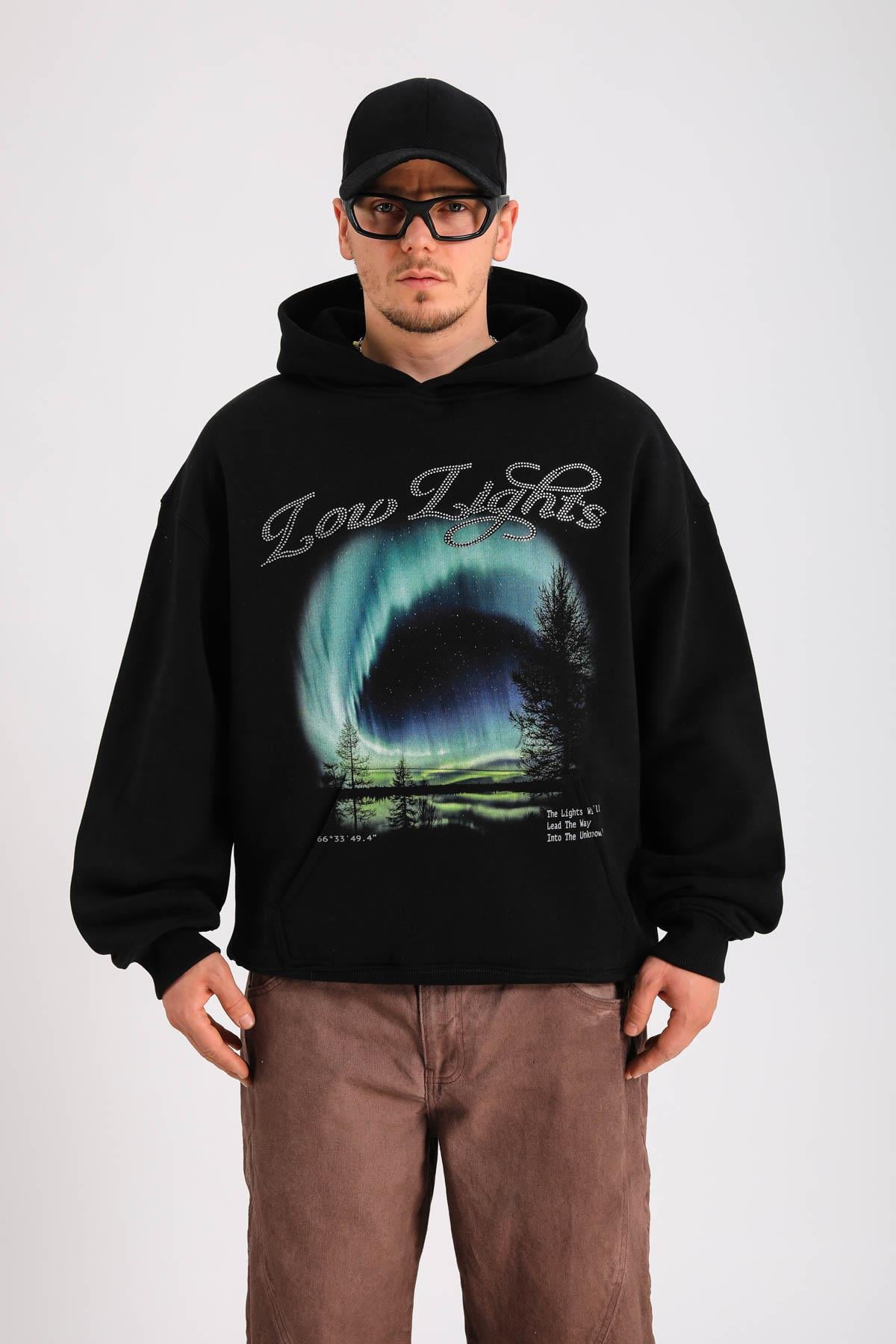 LLS Taş Baskılı Siyah Oversize Hoodie SW1335