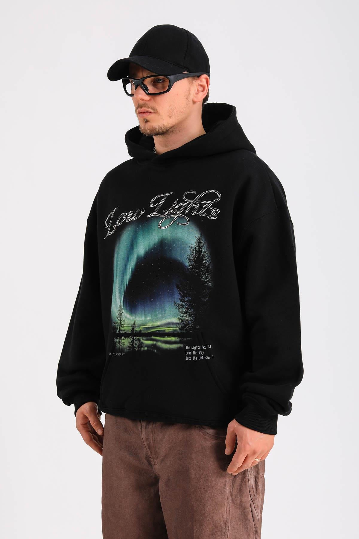 LLS Taş Baskılı Siyah Oversize Hoodie SW1335