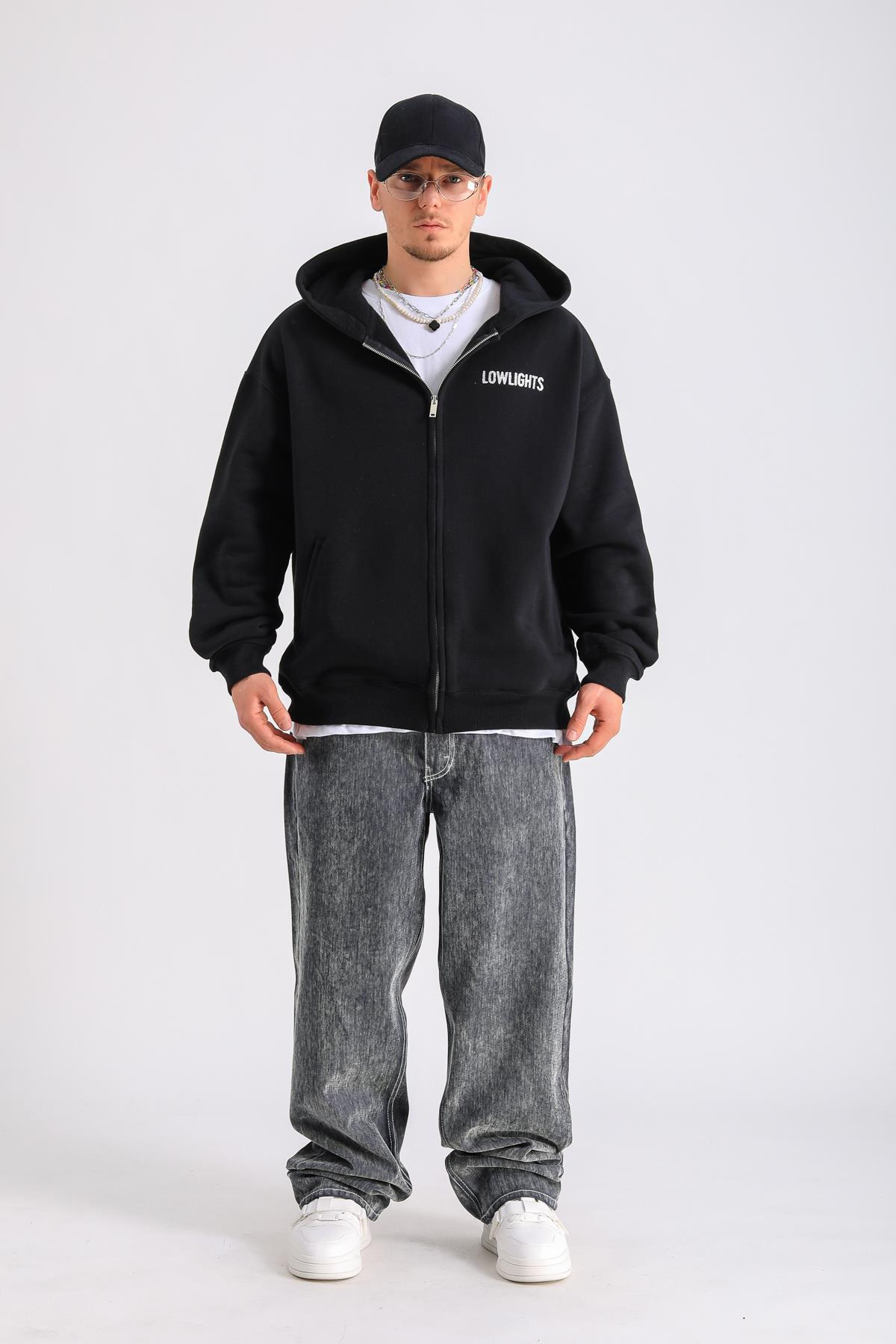 LLS Taş Baskılı Siyah Zipper Oversize Hoodie SW1259