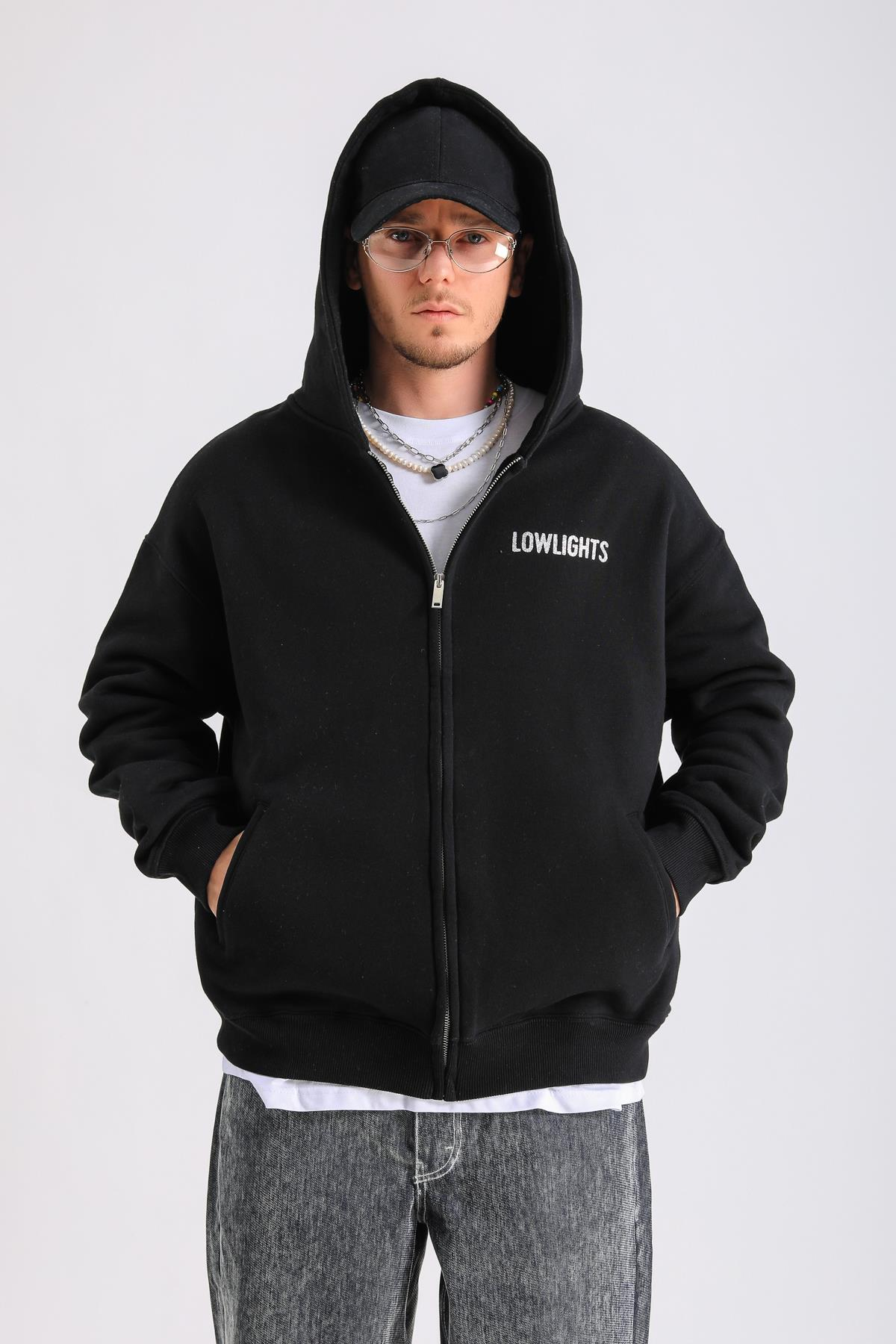 LLS Taş Baskılı Siyah Zipper Oversize Hoodie SW1259