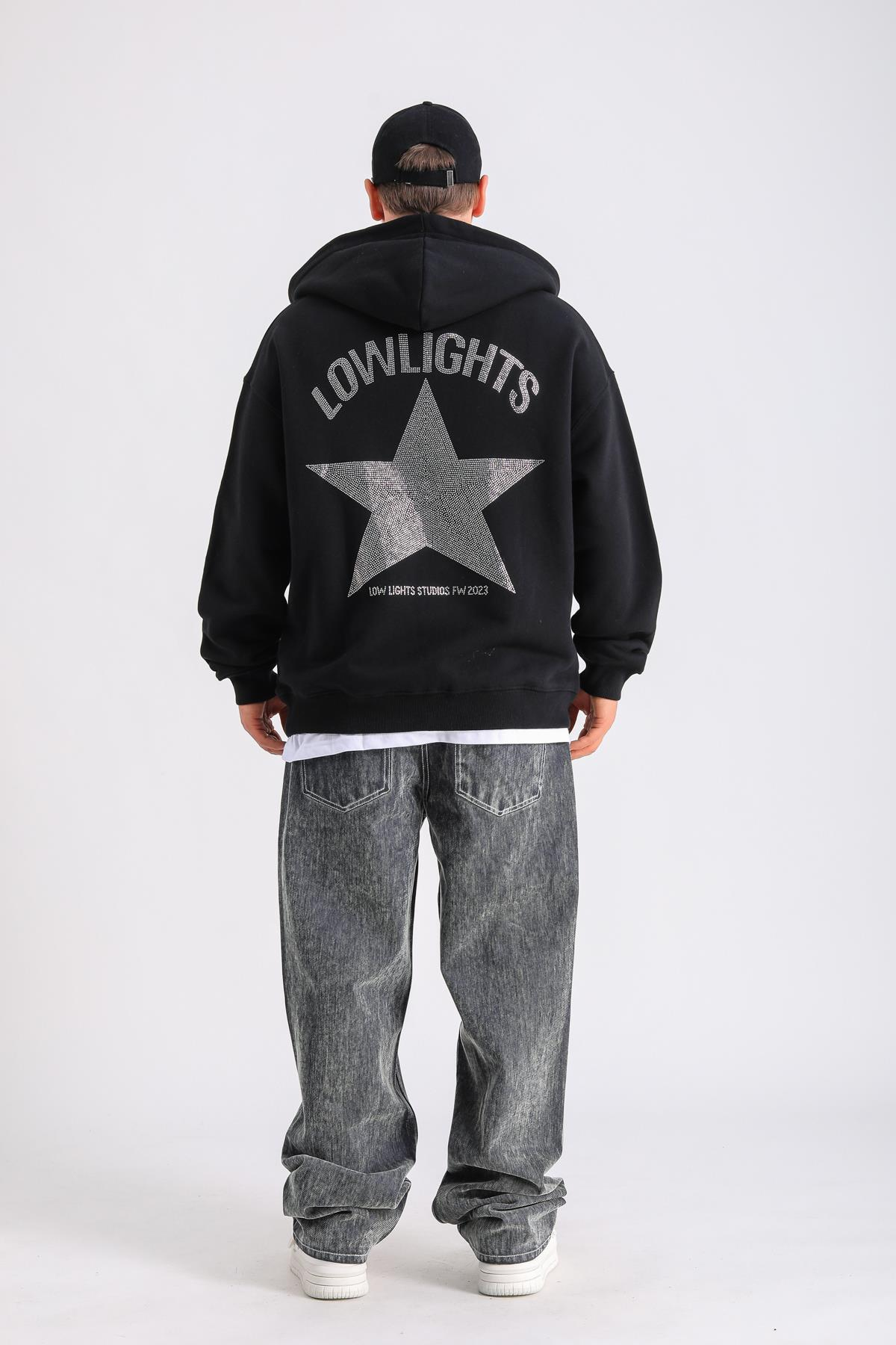 LLS Taş Baskılı Siyah Zipper Oversize Hoodie SW1259