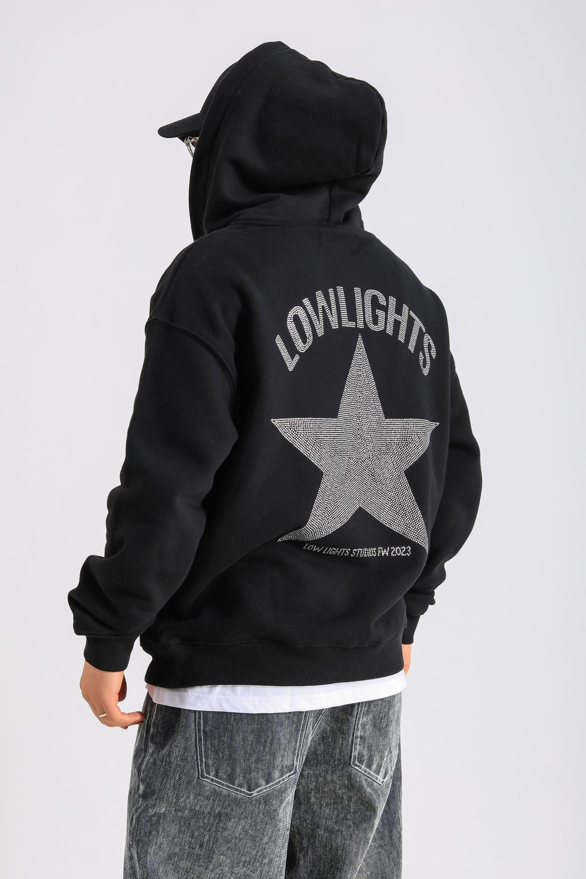 LLS Taş Baskılı Siyah Zipper Oversize Hoodie SW1259