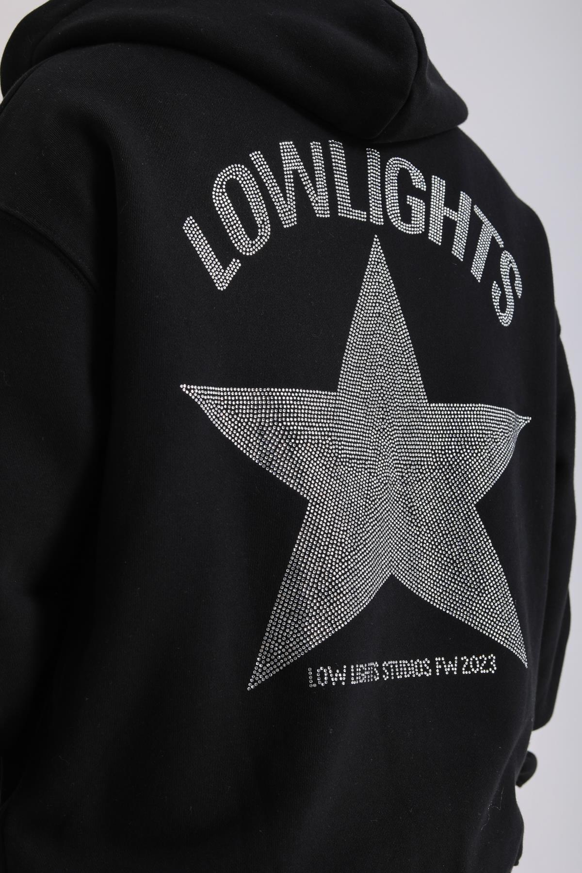 LLS Taş Baskılı Siyah Zipper Oversize Hoodie SW1259