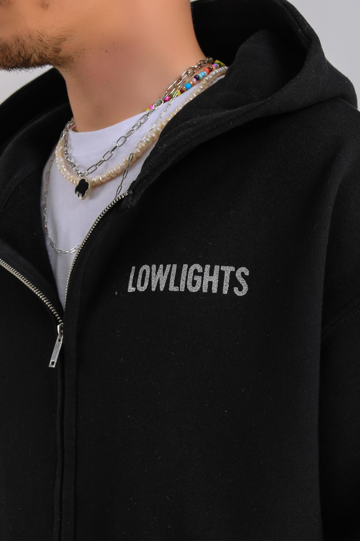 LLS Taş Baskılı Siyah Zipper Oversize Hoodie SW1259