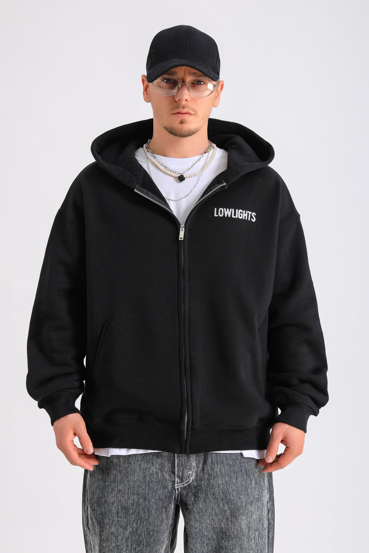 LLS Taş Baskılı Siyah Zipper Oversize Hoodie SW1259