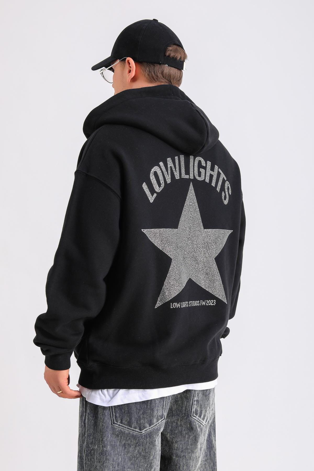 LLS Taş Baskılı Siyah Zipper Oversize Hoodie SW1259