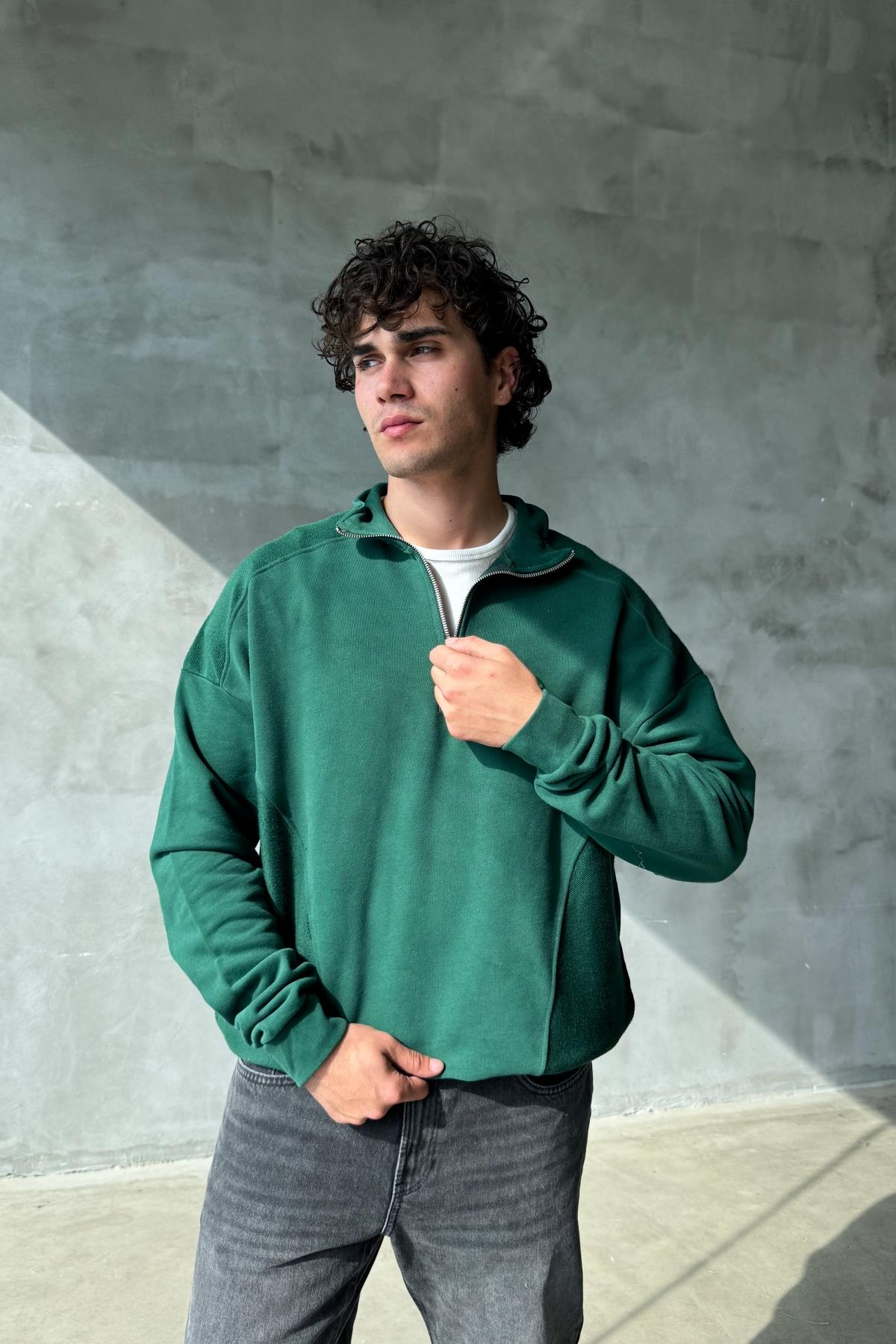 Logo Detay Fermuar Yaka Yeşil Oversize Sweatshirt SR01