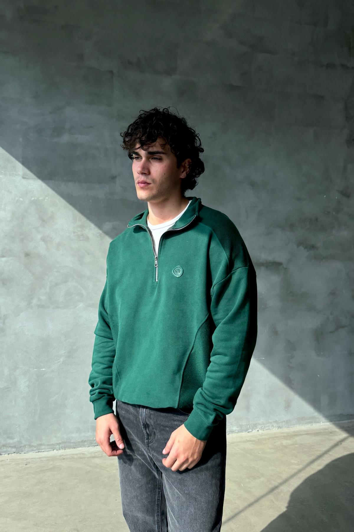 Logo Detay Fermuar Yaka Yeşil Oversize Sweatshirt SR01