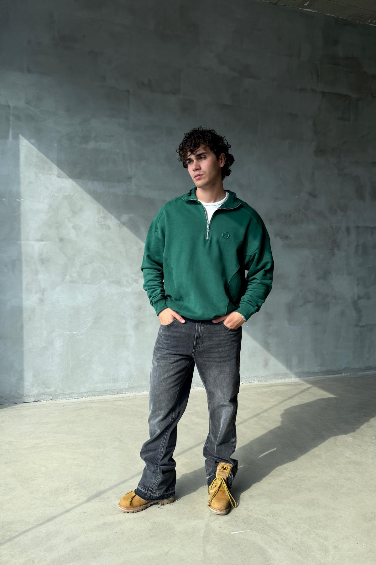 Logo Detay Fermuar Yaka Yeşil Oversize Sweatshirt SR01