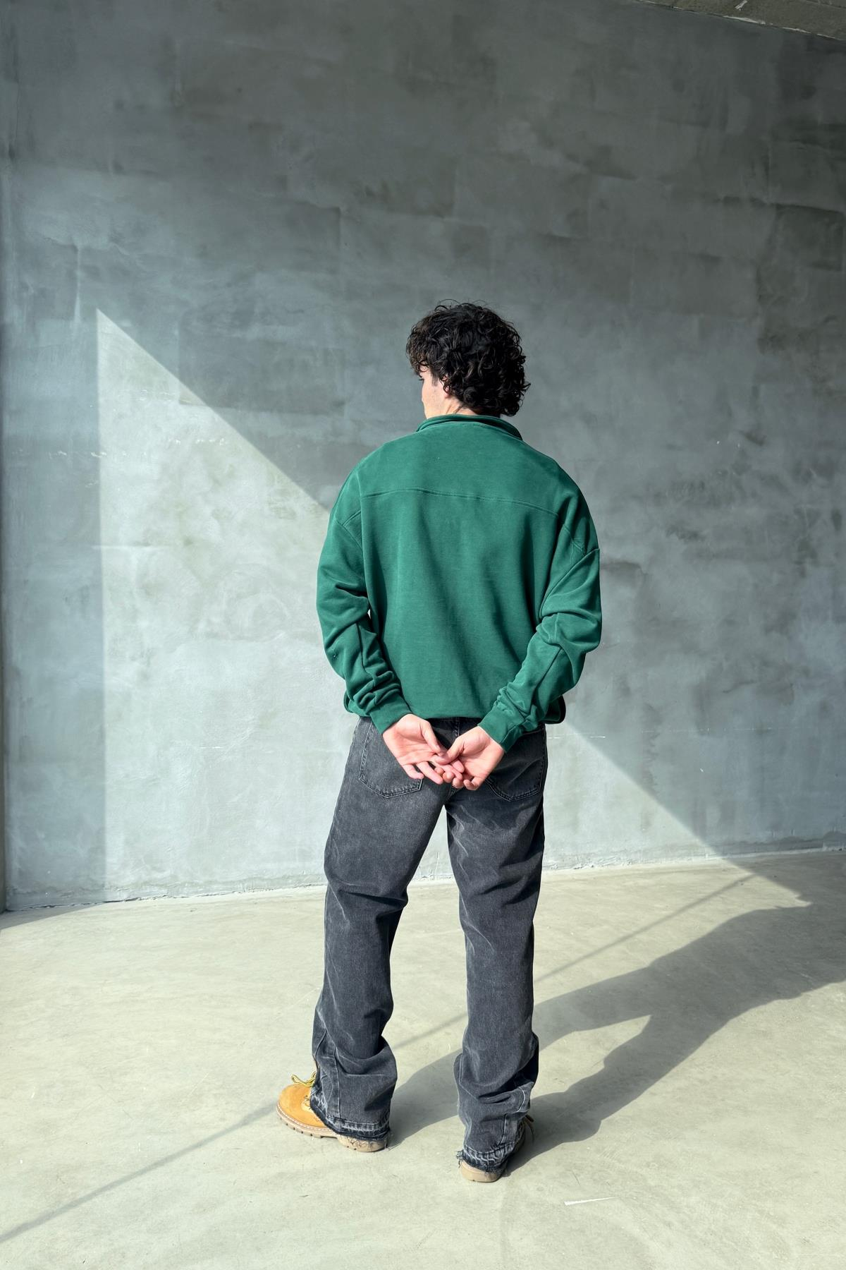 Logo Detay Fermuar Yaka Yeşil Oversize Sweatshirt SR01