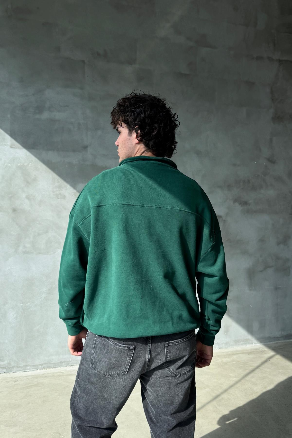 Logo Detay Fermuar Yaka Yeşil Oversize Sweatshirt SR01