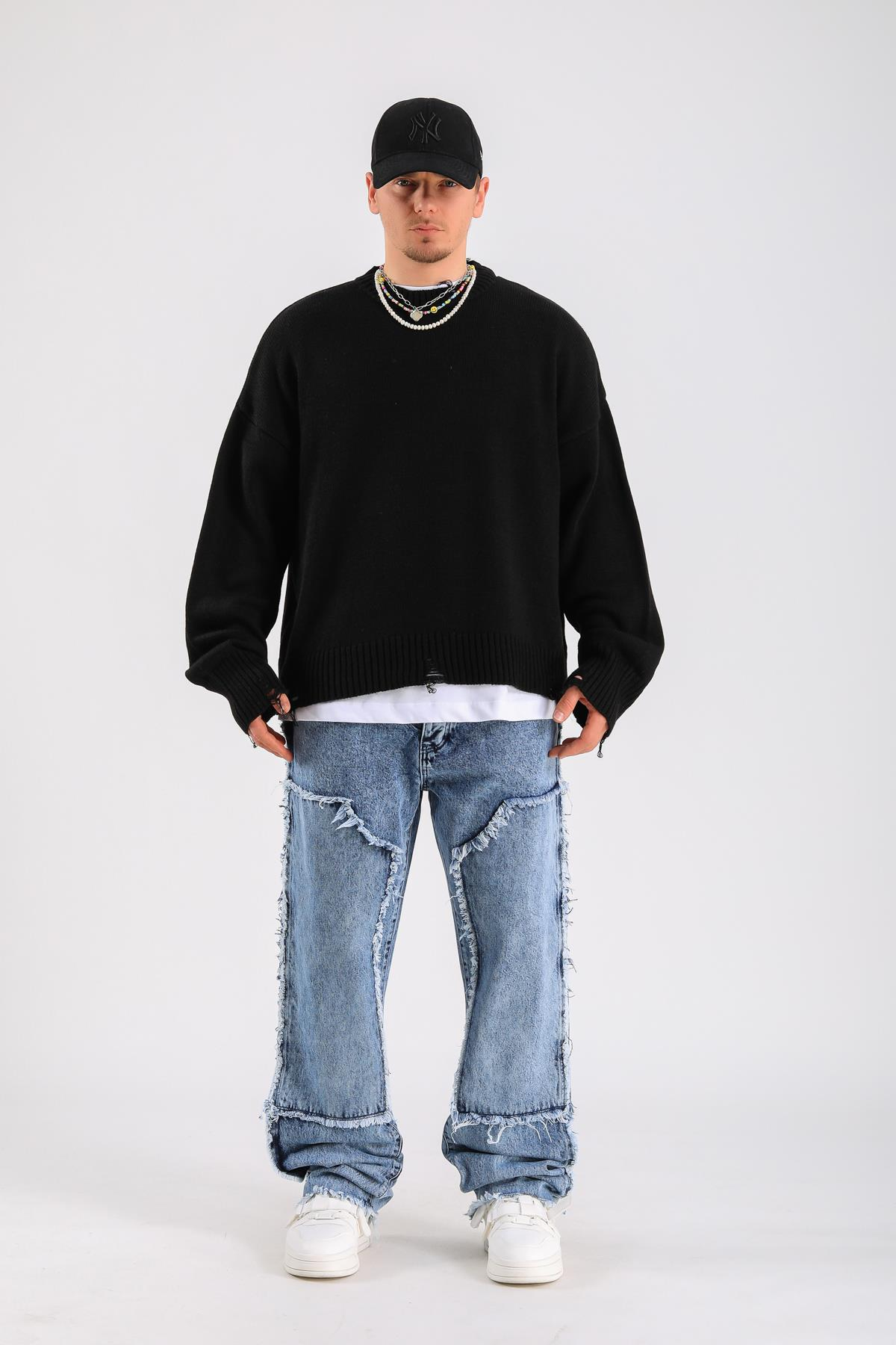 Loose Fit Torn Detail Jean - Dark Blue  P1098