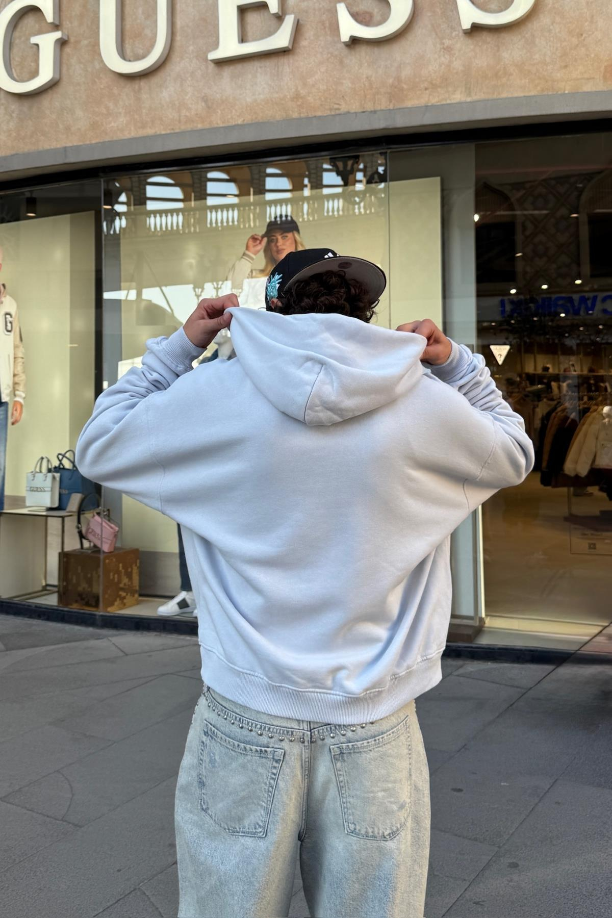 Low L. Nakışlı Açık Mavi Oversize Zipper Hoodie