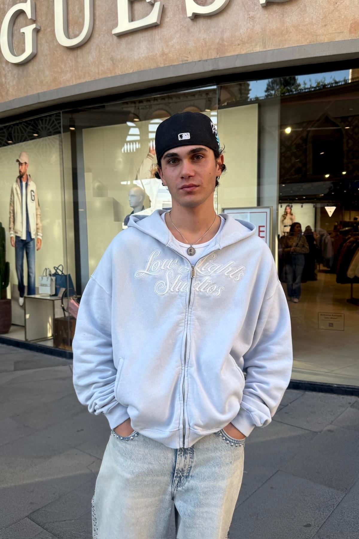 Low L. Nakışlı Açık Mavi Oversize Zipper Hoodie