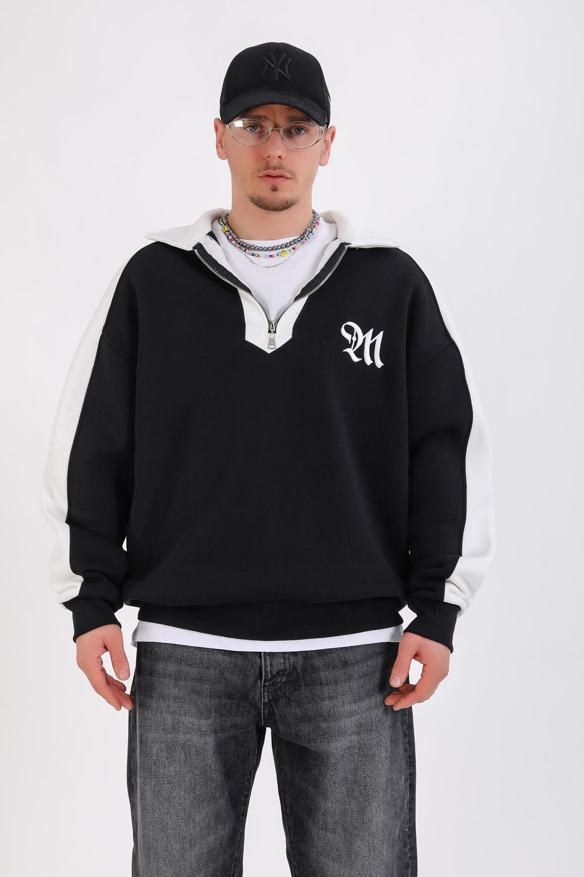 M Nakışlı Siyah Polo Yaka Oversize Sweatshirt SW1353