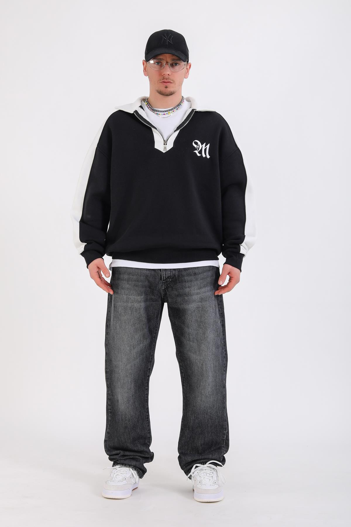 M Nakışlı Siyah Polo Yaka Oversize Sweatshirt SW1353