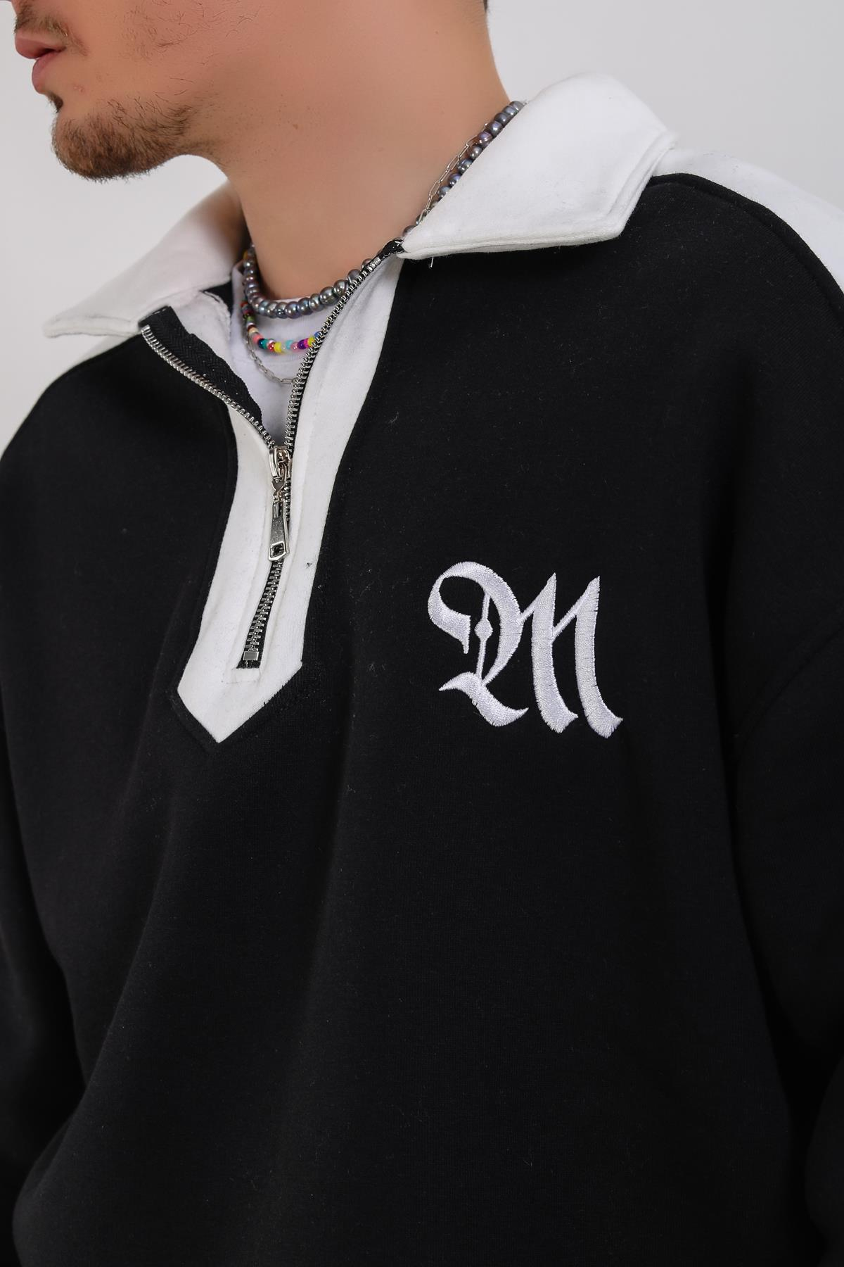 M Nakışlı Siyah Polo Yaka Oversize Sweatshirt SW1353