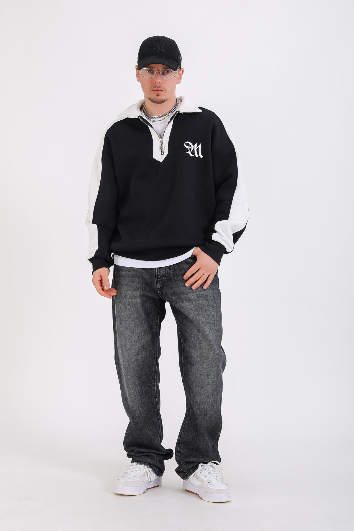 M Nakışlı Siyah Polo Yaka Oversize Sweatshirt SW1353