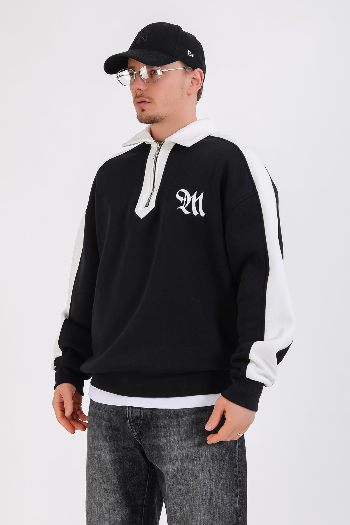 M Nakışlı Siyah Polo Yaka Oversize Sweatshirt SW1353