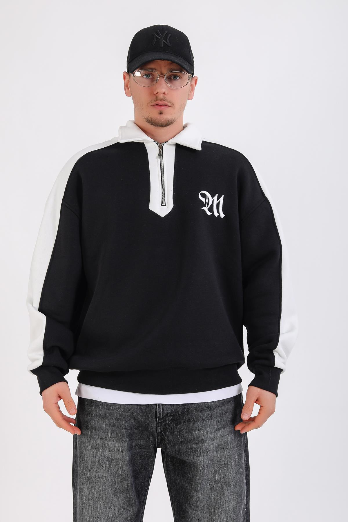 M Nakışlı Siyah Polo Yaka Oversize Sweatshirt SW1353