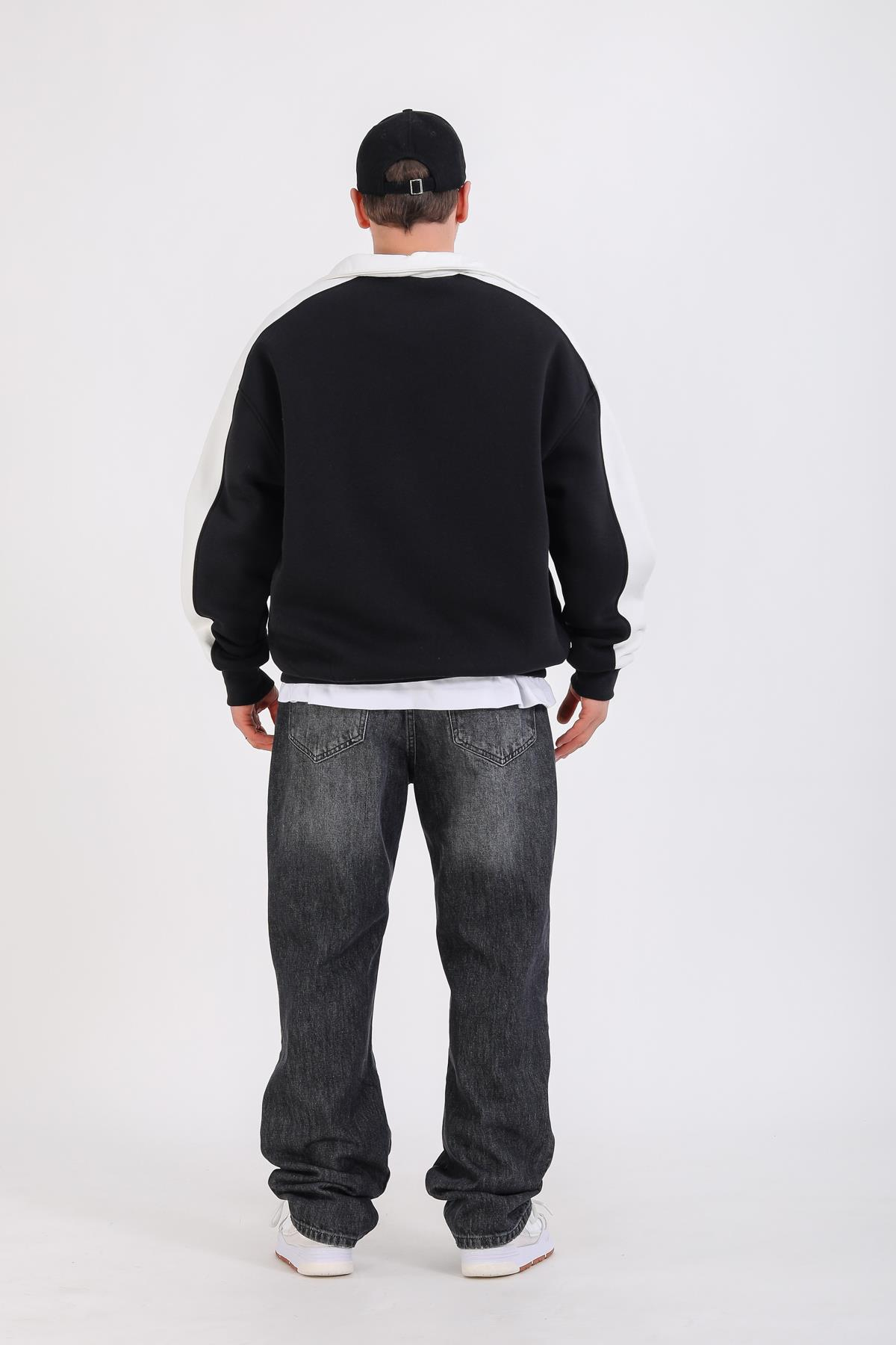 M Nakışlı Siyah Polo Yaka Oversize Sweatshirt SW1353