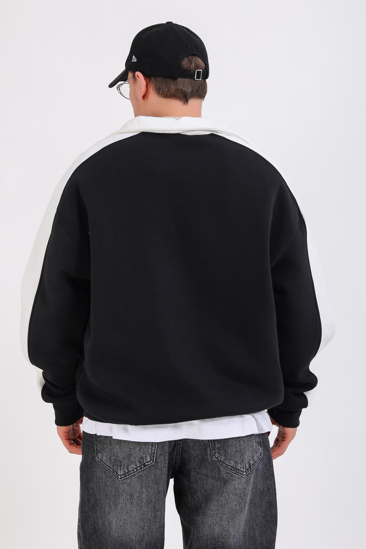 M Nakışlı Siyah Polo Yaka Oversize Sweatshirt SW1353