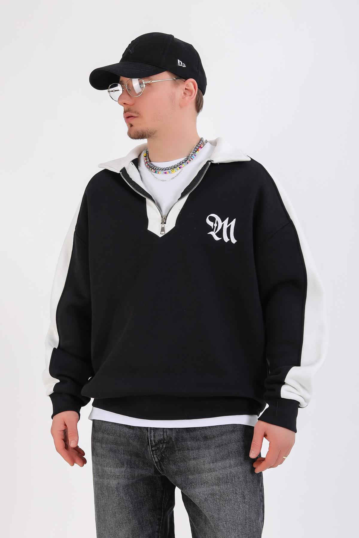 M Nakışlı Siyah Polo Yaka Oversize Sweatshirt SW1353