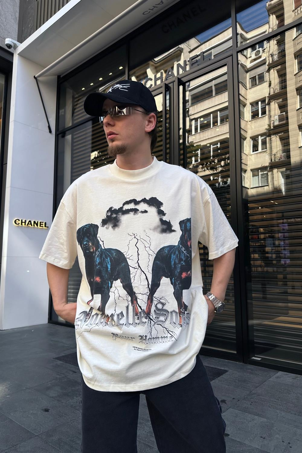 Man Baskılı Krem Oversize Tshirt T735