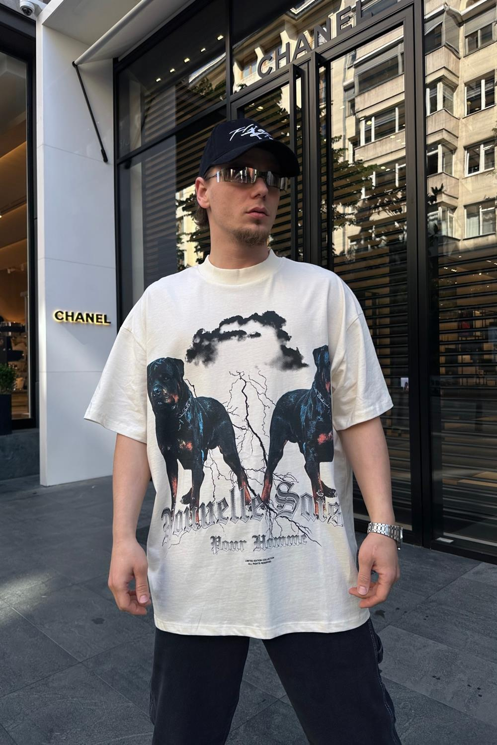 Man Baskılı Krem Oversize Tshirt T735