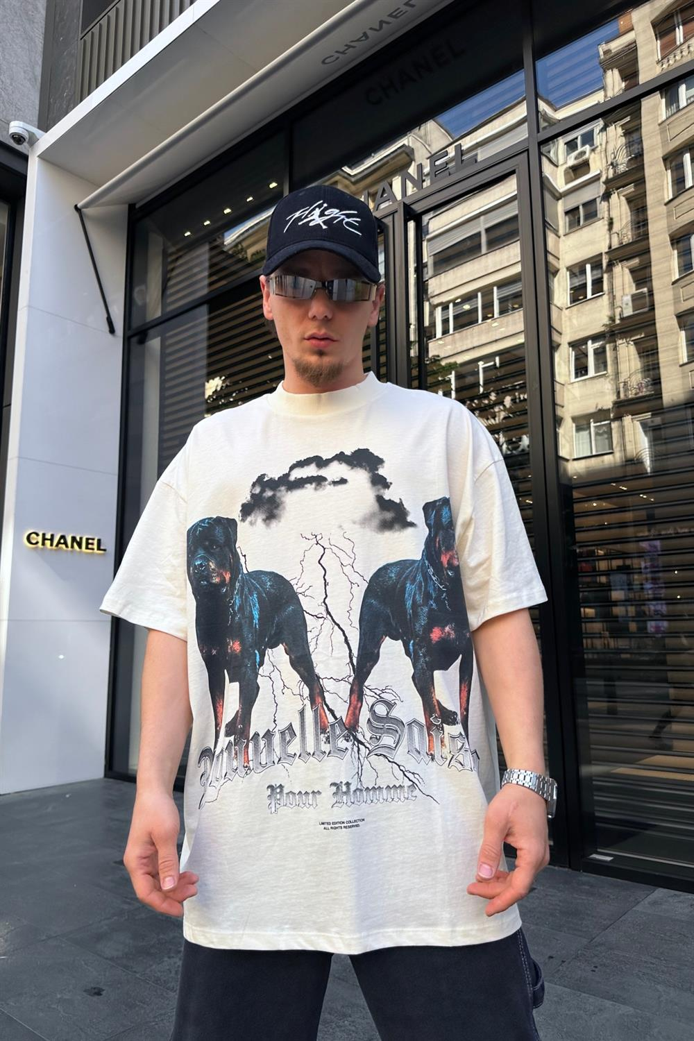 Man Baskılı Krem Oversize Tshirt T735
