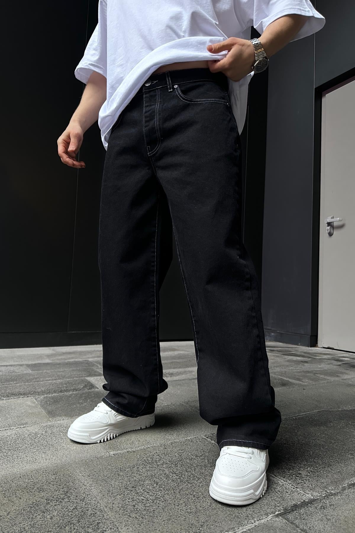 Man Cep Nakışlı Siyah Baggy Jean P861